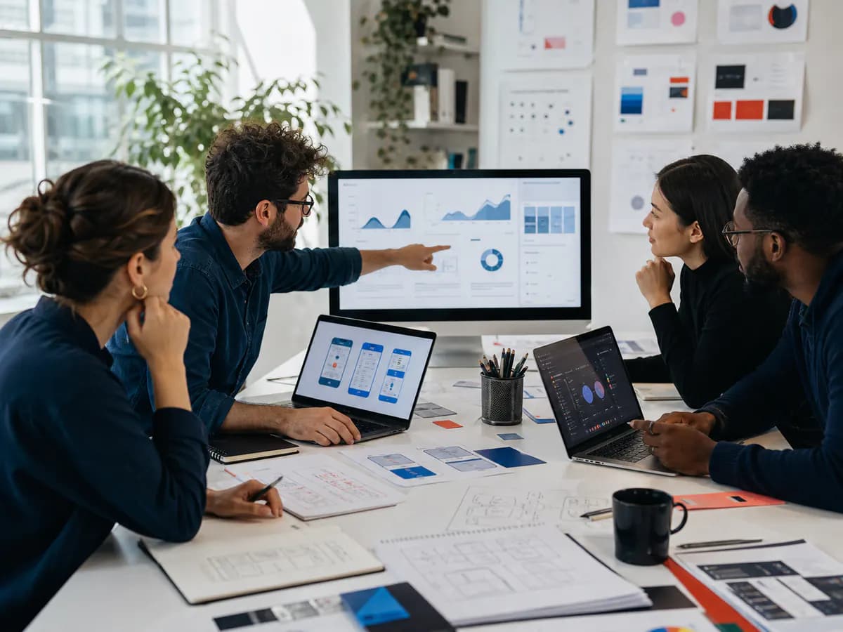 Scallar strategy team reviewing analytics and digital product designs